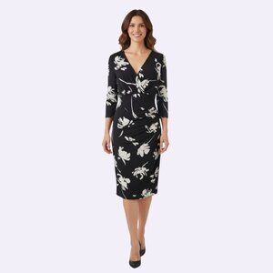 Ralph Lauren Black White Floral Knit Dress V Neck Ruched Sheath Plus Size 16 EUC